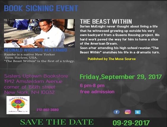 “The Beast Within” Book Signing @ Sisters Uptown Bookstore Friday September 29, 2017